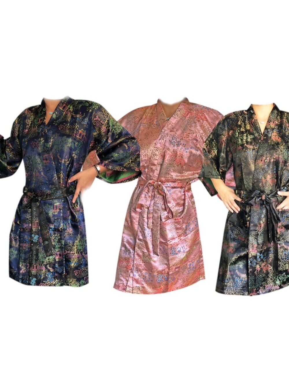New JET BLACK, PINK or NAVY Toile Robe Woman Housecoat Bathrobe ABOVE KNEE